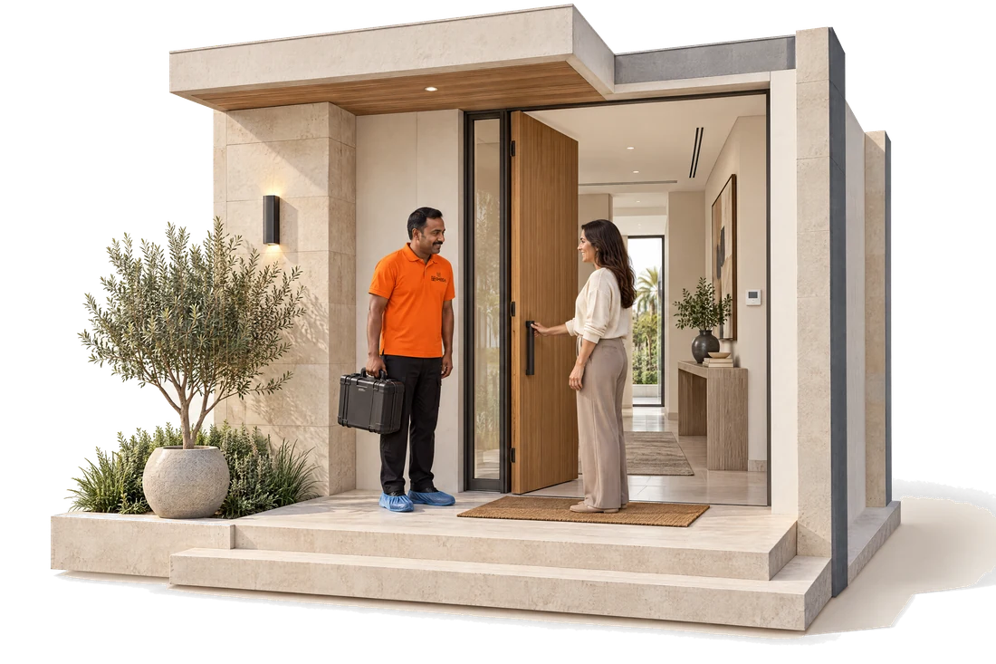 An OMEGA technician arriving at a villa front door with a tool case