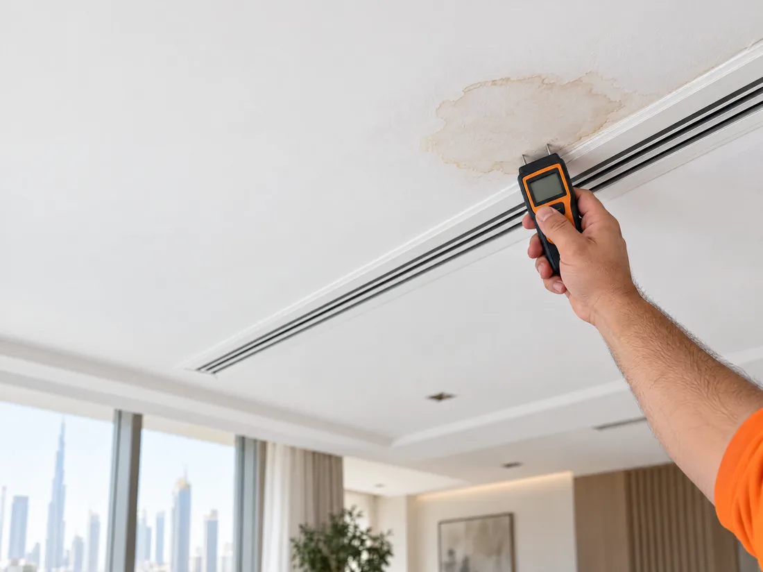 A moisture meter checking a ceiling stain beside an AC diffuser